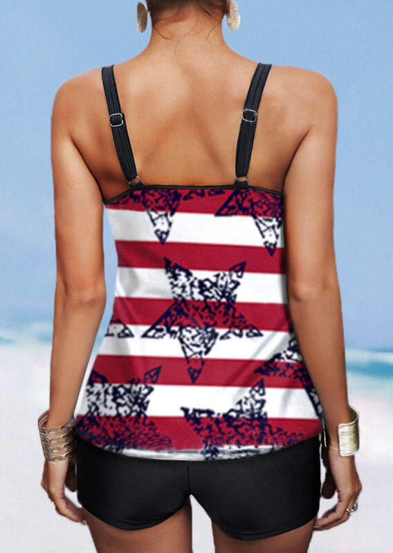 Tankinis American Flag Hollow Out Star Tankini Set in Multicolor. Size: S