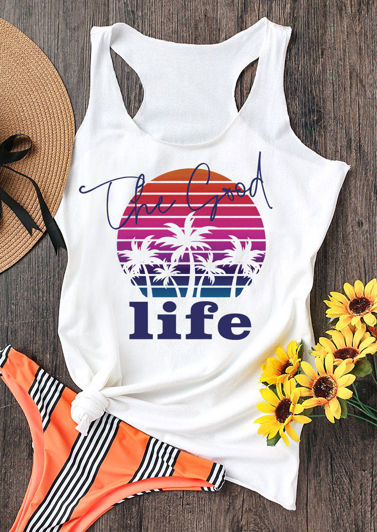 Tank Tops The Good Life Coconut Tree Racerback Tank Top in White. Size: M,S