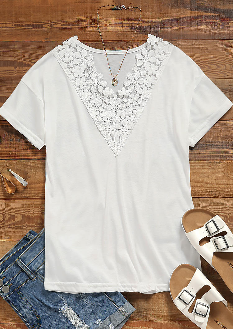 

Blouses Lace Splicing Hollow Out Blouse in White. Size