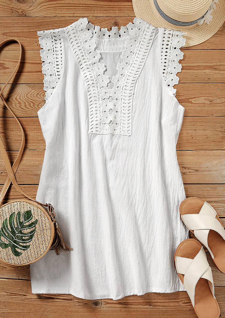 

Mini Dresses Floral Hollow Out Lace Splicing Mini Dress in White. Size: ,L