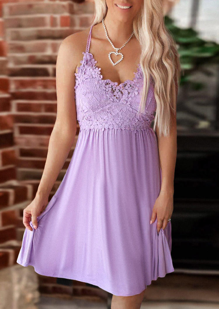 Mini Dresses Lace Splicing Ruffled Spaghetti Strap Mini Dress in Light Purple. Size: S,M,L,XL