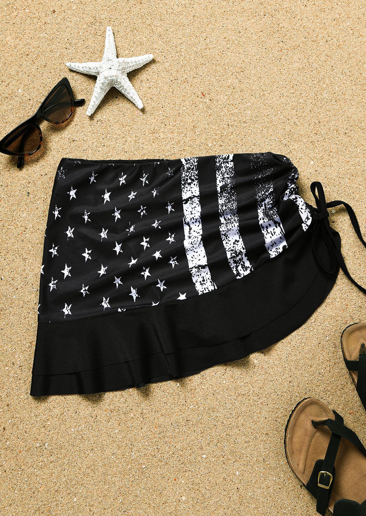 Cover Ups American Flag Ruffled Drawstring Cover Up Mini Skirt Sarong in Black. Size: S