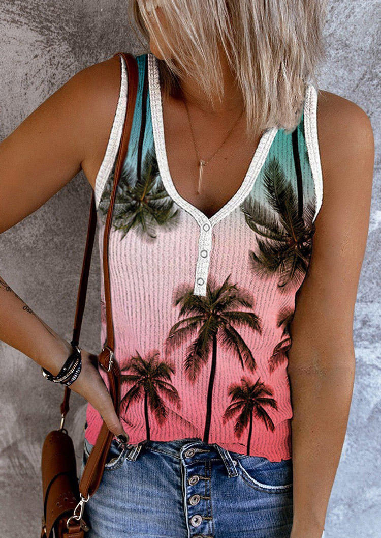 Tank Tops Coconut Tree Snap Button Casual Tank Top in Multicolor. Size: S,M,L,XL