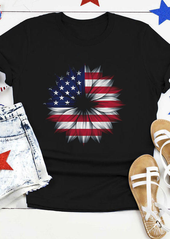

T-shirts Tees American Flag Daisy O-Neck T-Shirt Tee in Black. Size