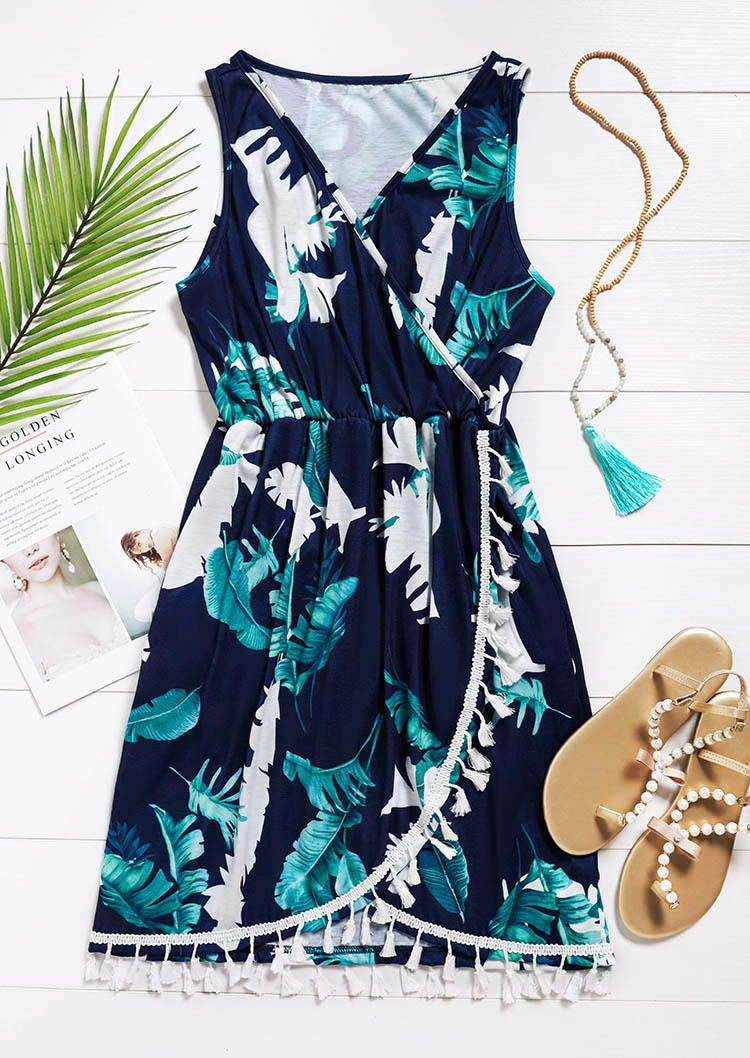 Palm Tree Tassel V-Neck Mini Dress - Navy Blue