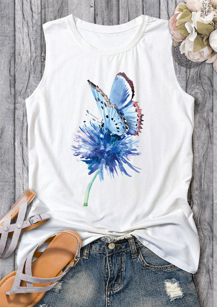 

Tank Tops Floral Butterfly O-Neck Tank Top in White. Size