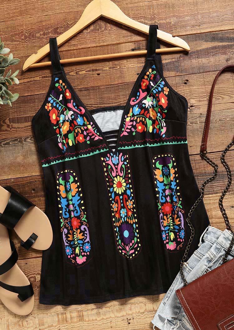 Tank Tops Ethnic Floral Hollow Out Camisole in Black. Size: XL