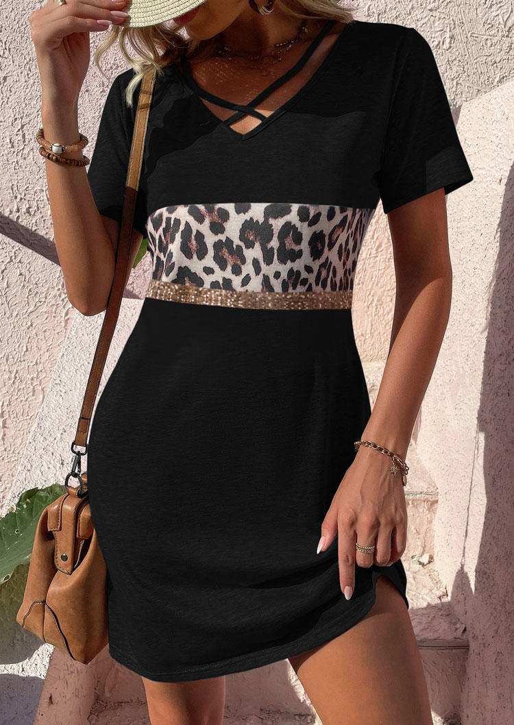 Mini Dresses Leopard Criss-Cross Sequined Mini Dress in Black. Size: S,M,L,XL