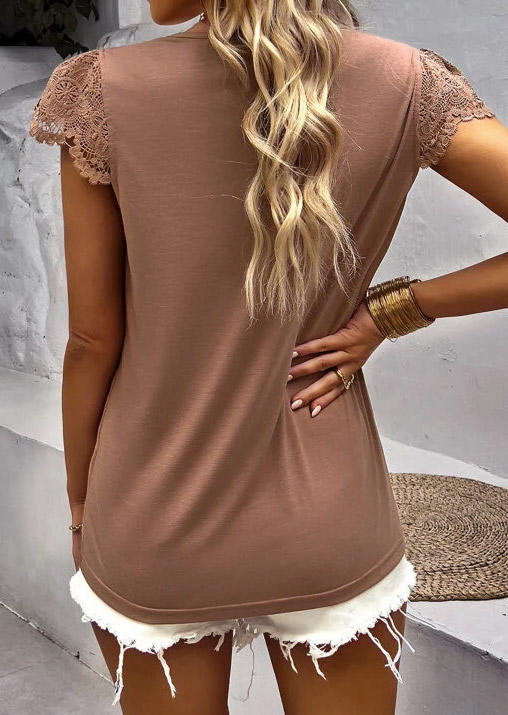 

Blouses Lace Splicing Button Cap Sleeve Blouse in Khaki. Size