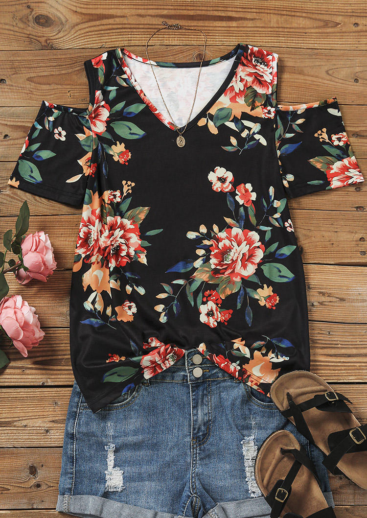 

Blouses Floral V-Neck Cold Shoulder Blouse in Multicolor. Size