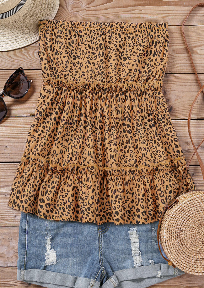 Tank Tops Leopard Ruffled Strapless Bandeau Casual Tank Top in Multicolor. Size: L,M,S