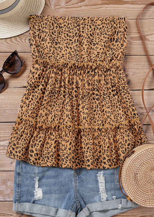 

Tank Tops Leopard Ruffled Strapless Bandeau Casual Tank Top in Multicolor. Size