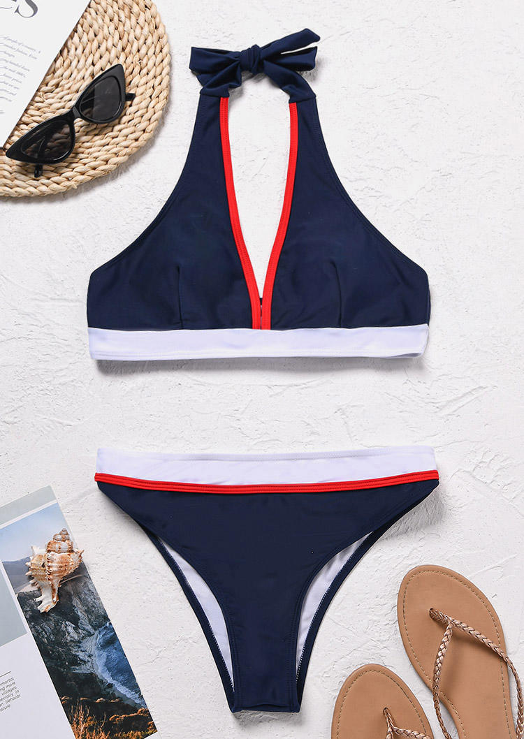 

Bikini Sets Color Block Triangle Bikini Set in Navy Blue. Size
