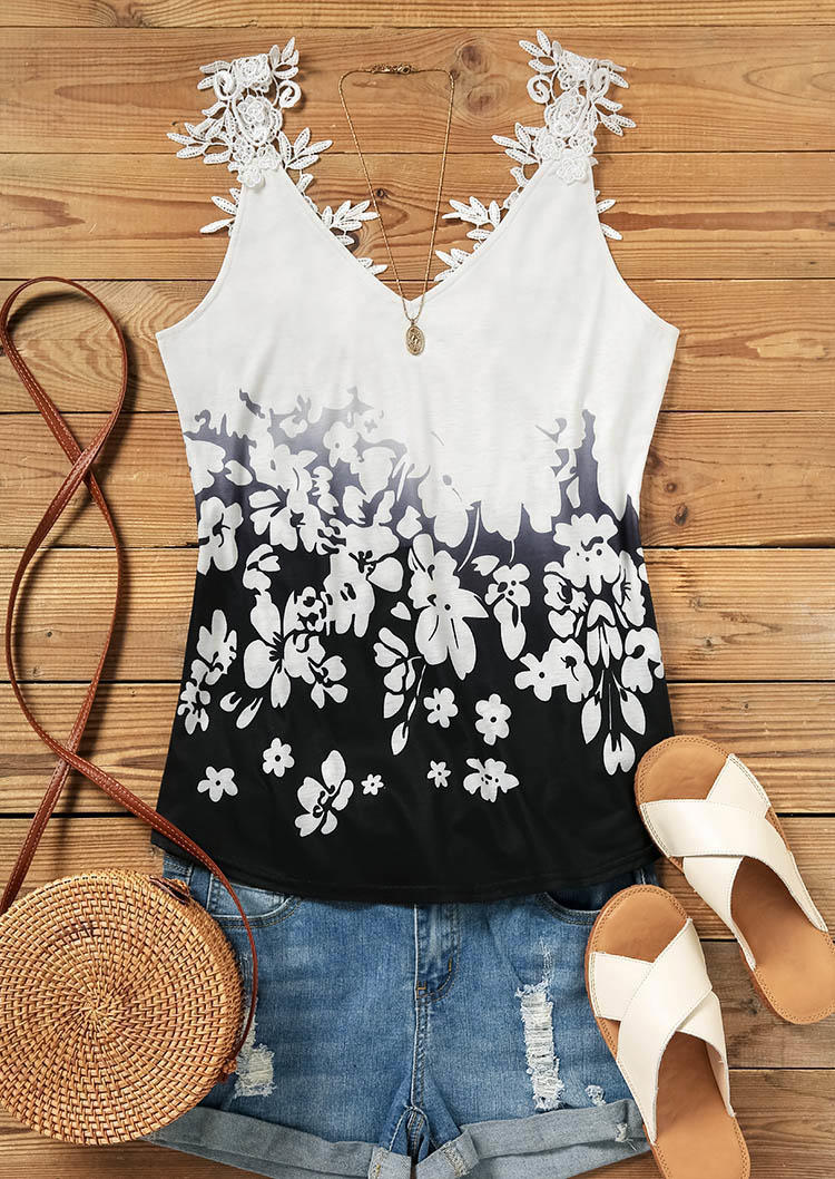 

Tank Tops Lace Splicing Floral Casual Tank Top in Multicolor. Size