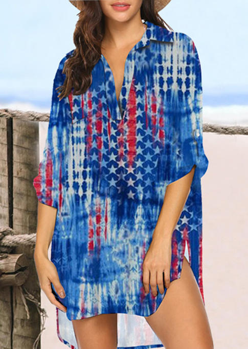 

Cover Ups American Flag Pocket Three Quarter Sleeve Cover Up in Blue. Size