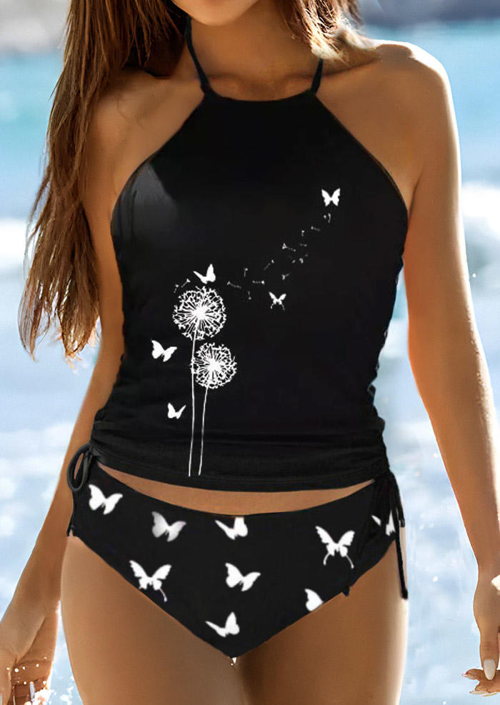 Tankinis Butterfly Dandelion Halter Tie Tankini Set in Black. Size: S,M,L,XL