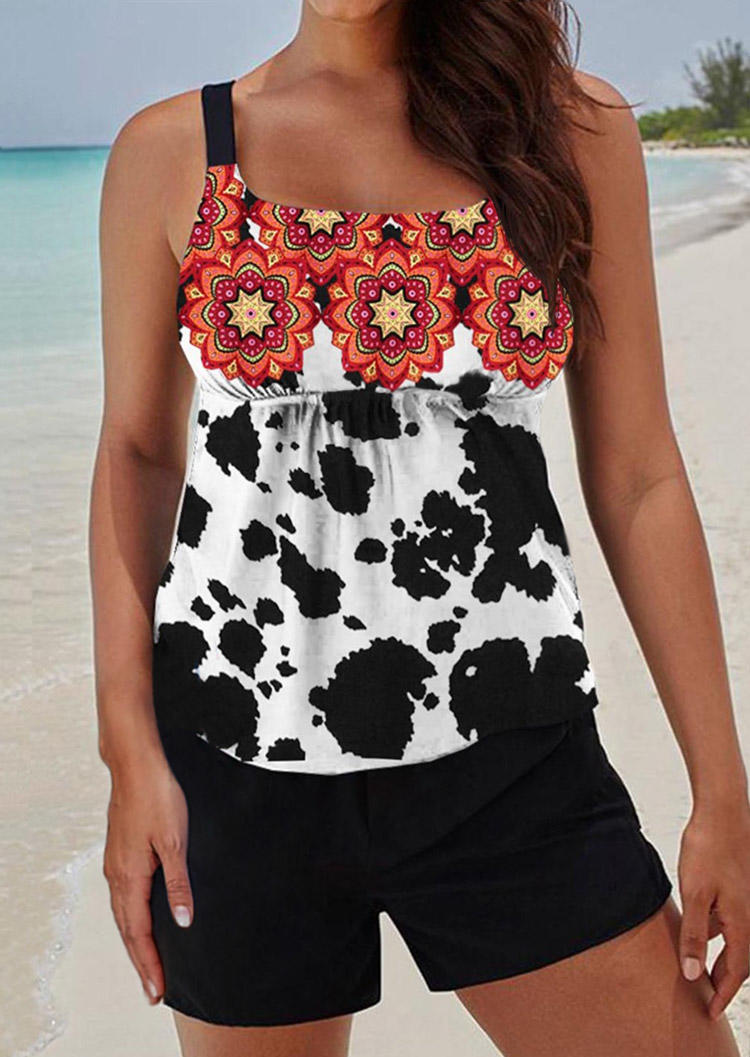 

Tankinis Mandala Cow Ruffled Adjustable Strap Tankini Set in Multicolor. Size: ,M,L,XL