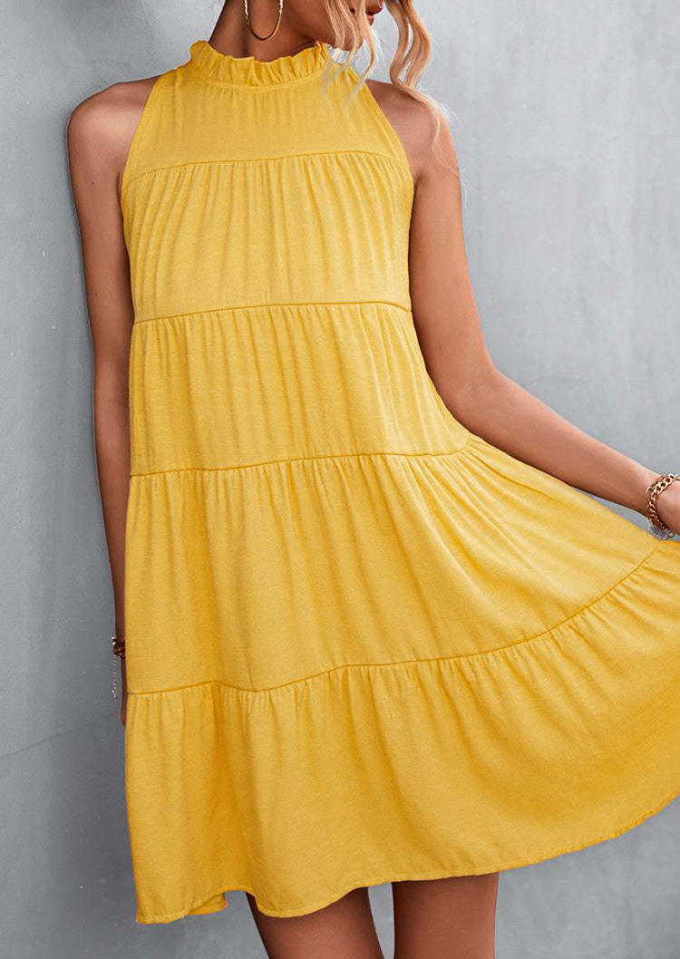 Mini Dresses Ruffled Tie O-Neck Sleeveless Mini Dress in Yellow. Size: S