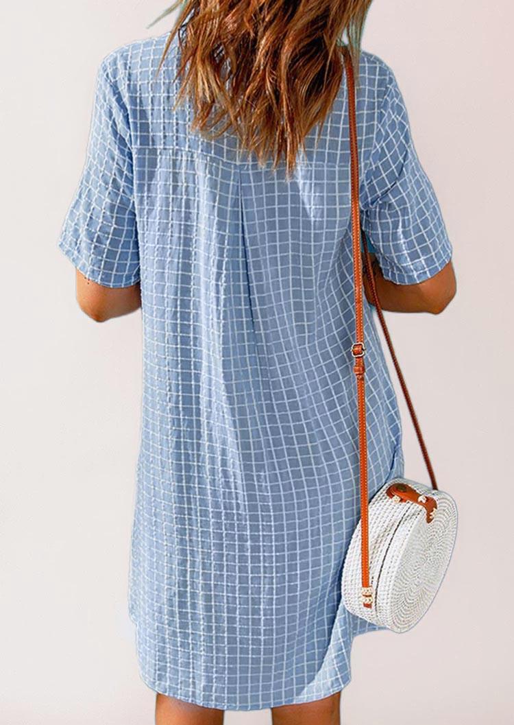 

Mini Dresses Plaid Button Turn-down Collar Mini Dress in Blue. Size