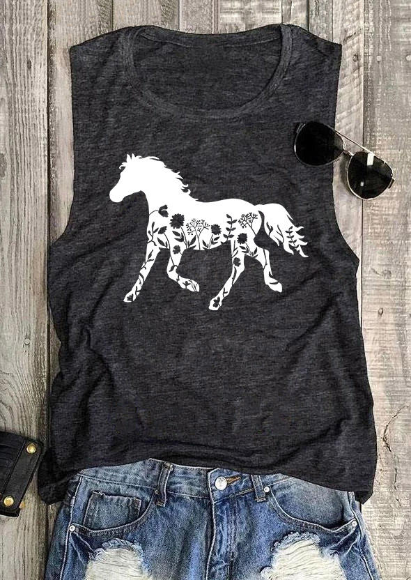 

Tank Tops Horse Floral O-Neck Tank Top in Dark Grey. Size
