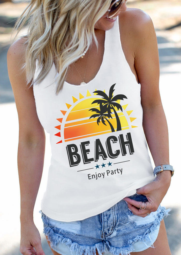 Beach Enjoy Party Coconut Tree Sunset Racerback Tank - White