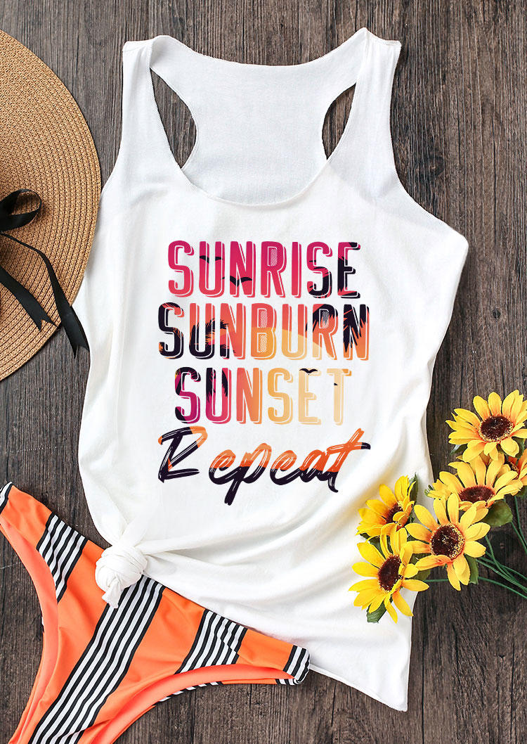 

Tank Tops Sunrise Sunburn Sunset Repeat Racerback Tank Top in White. Size