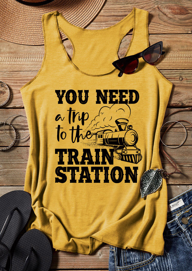 Tank Tops You Need A Trip To The Train Station Racerback Tank Top in Yellow. Size: L