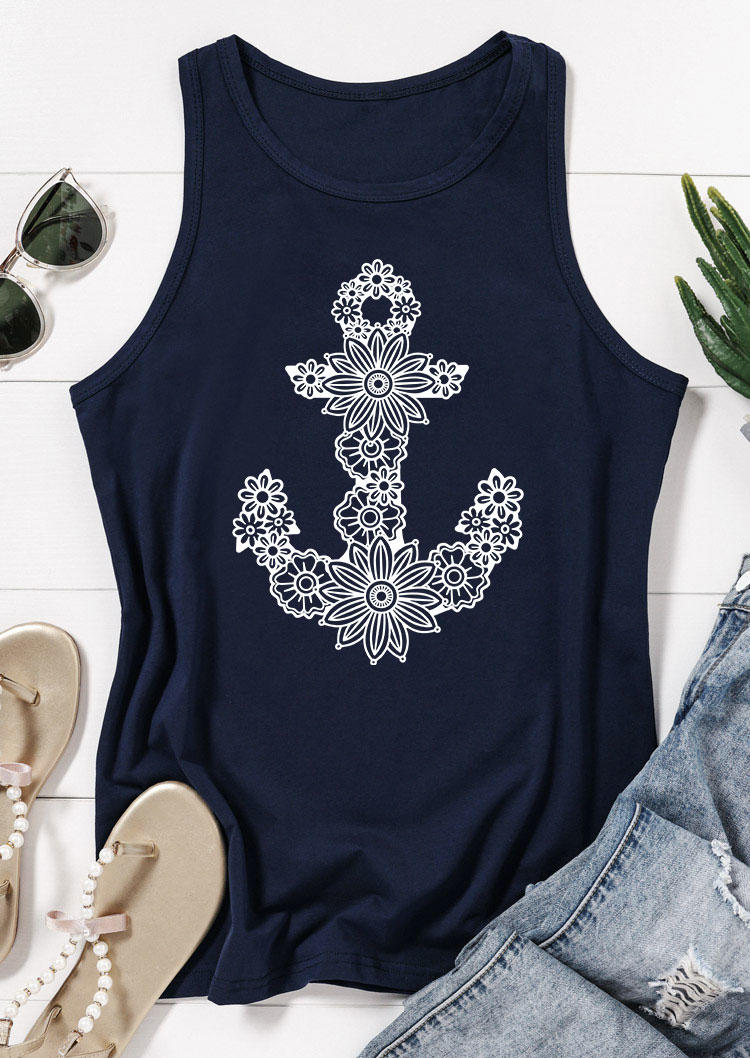 

Tank Tops Floral Anchor Casual Tank Top - Navy Blue in Blue. Size