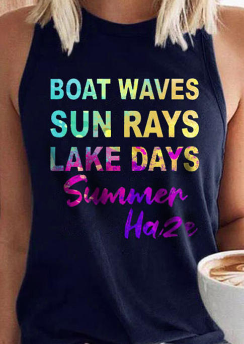 Tank Tops Boat Waves Sun Rays Lake Days Summer Haze Tank Top  - Navy Blue in Blue. Size: L