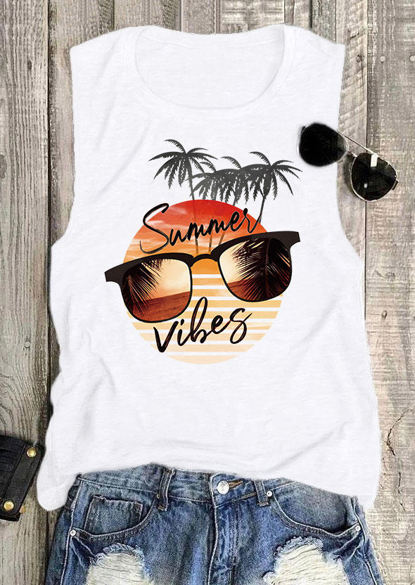

Tank Tops Summer Vibes Sunglasses Coconut Tree Tank Top in White. Size