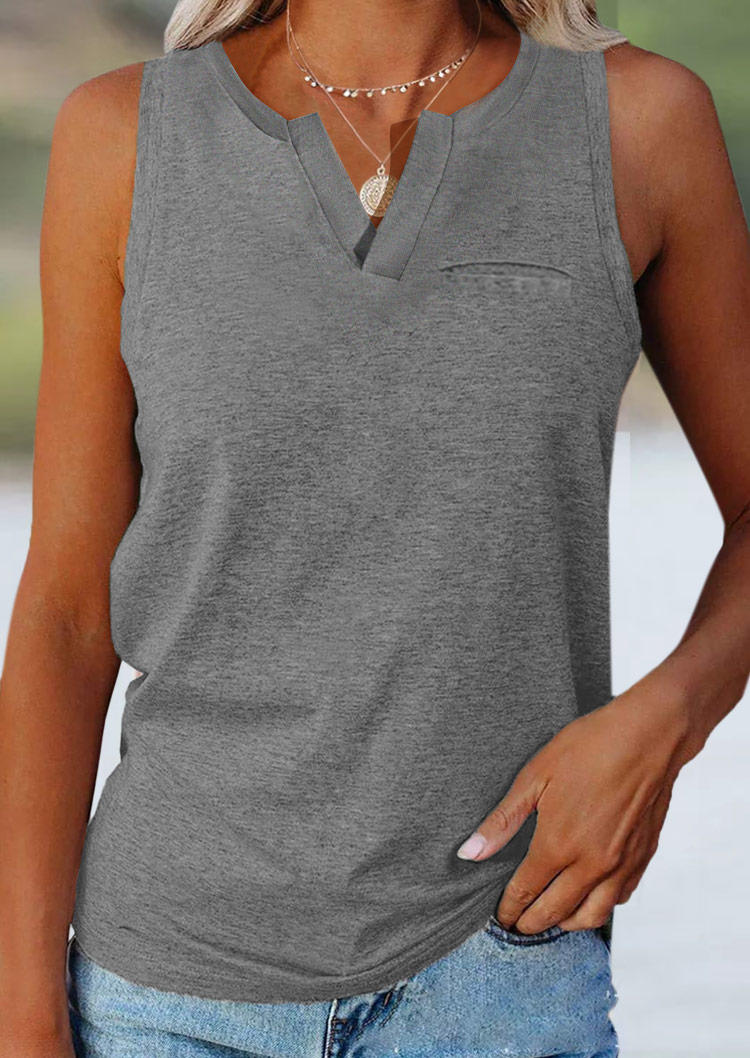 

Tank Tops Decorative Fake Pocket Notched Neck Casual Tank Top in Gray. Size