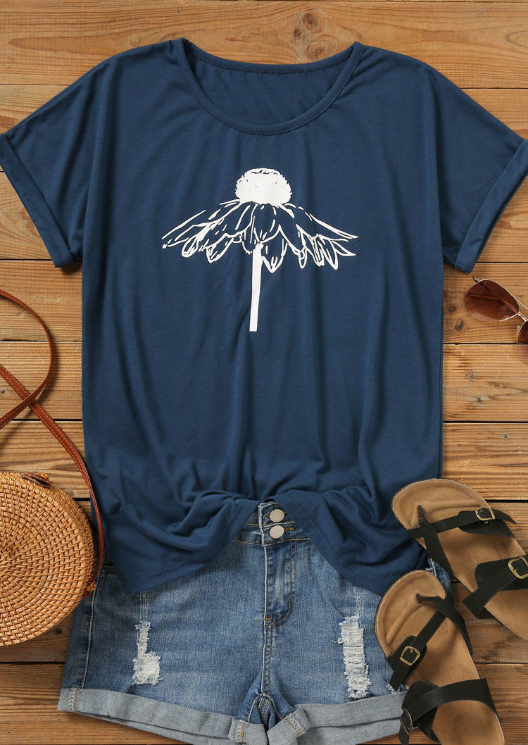 T-shirts Tees Floral O-Neck Short Sleeve T-Shirt Tee - Navy Blue in Blue. Size: L,M,S