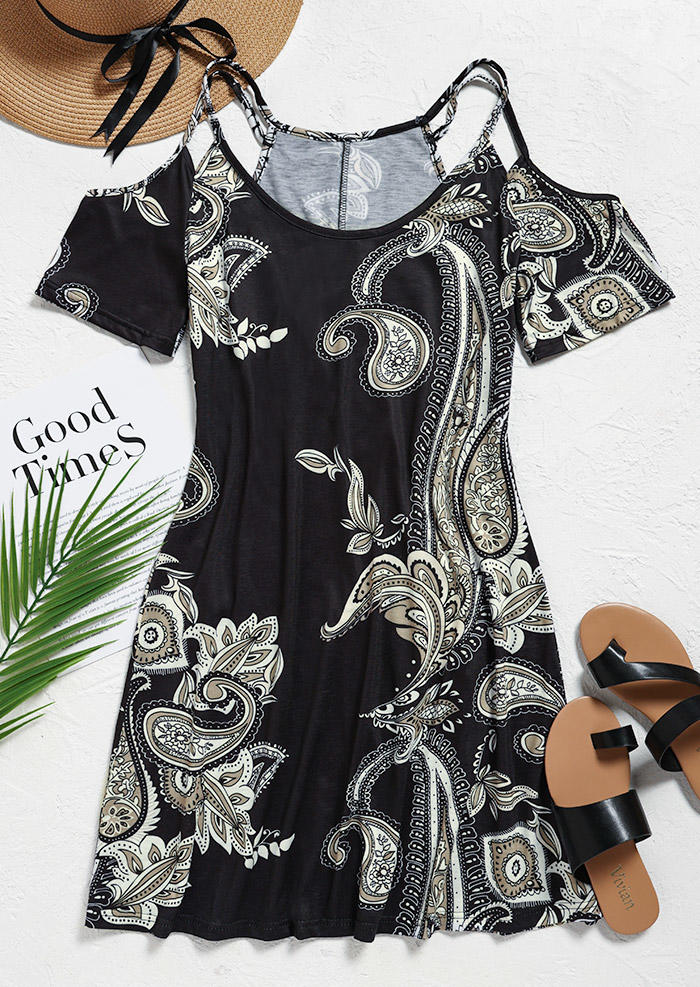 

Mini Dresses Paisley Spaghetti Strap Cold Shoulder Mini Dress in Black. Size