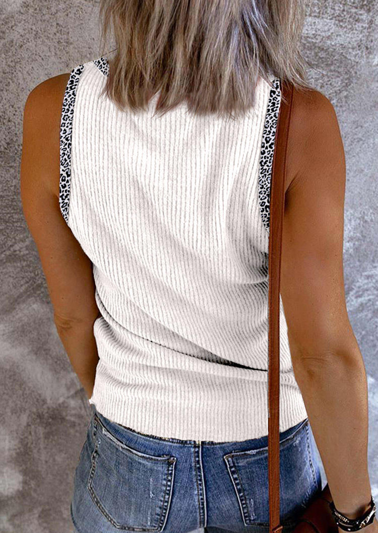 Tank Tops Leopard Snap Button V-Neck Casual Tank Top in White. Size: S,M,L,XL