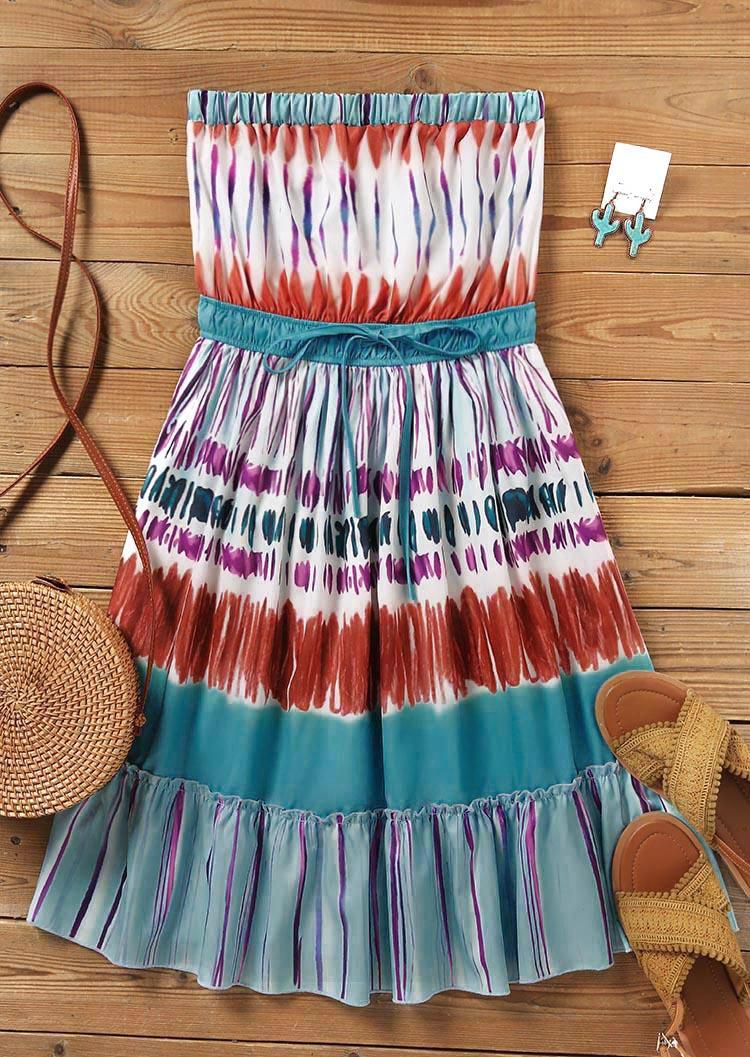 Mini Dresses Tie Dye Ruffled Strapless Bandeau Mini Dress in Lake Blue. Size: S,M,L,XL