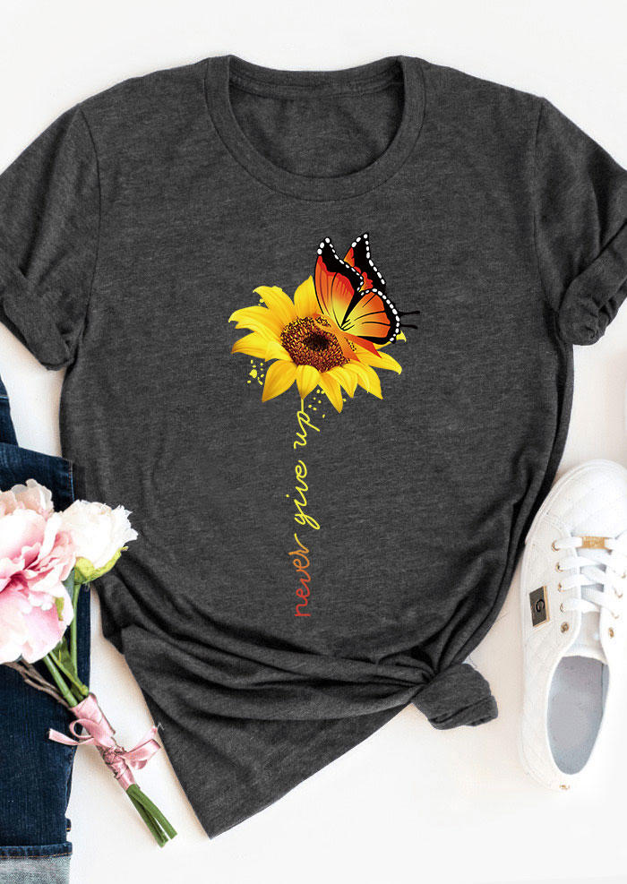 

T-shirts Tees Never Give Up Sunflower Butterfly T-Shirt Tee - Dark Grey in Gray. Size: L,M,,XL