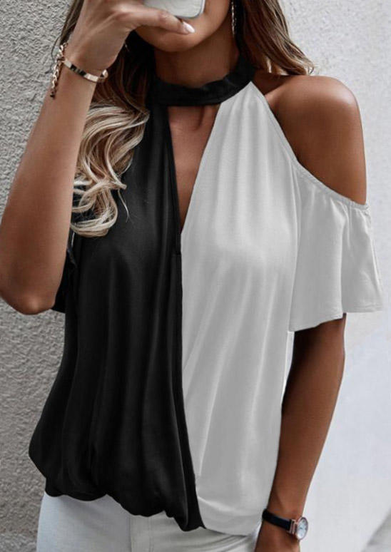 

Blouses Color Block Cold Shoulder Hollow Out Blouse in Black. Size