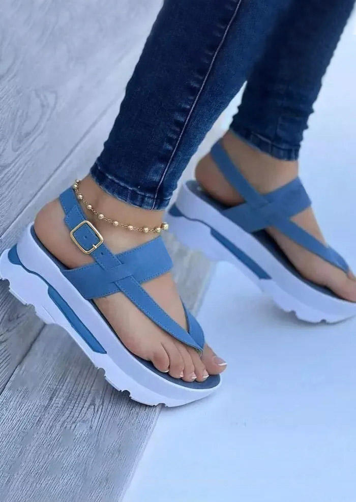 

Sandals Buckle Strap Flip Flops Wedge Sandals in Blue. Size