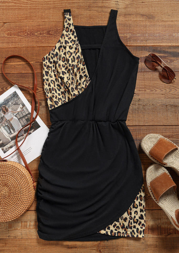 Leopard Hollow Out Sleeveless Mini Dress - Black