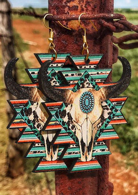 Aztec Geometric Steer Skull Leopard Earrings