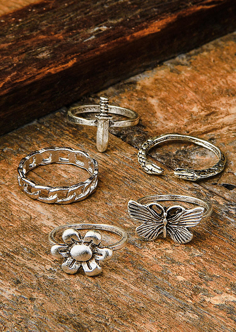 

Rings 5Pcs Floral Butterfly Snake Alloy Ring Set in Silver. Size