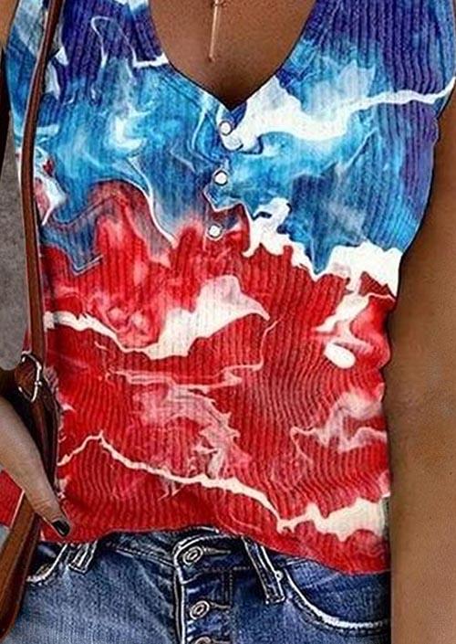 Tank Tops Tie Dye Snap Button V-Neck Tank Top in Multicolor. Size: M,S