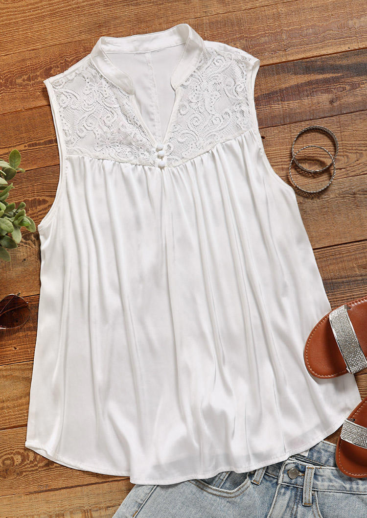 

Tank Tops Ruffled Lace Splicing Button Tank Top in White. Size