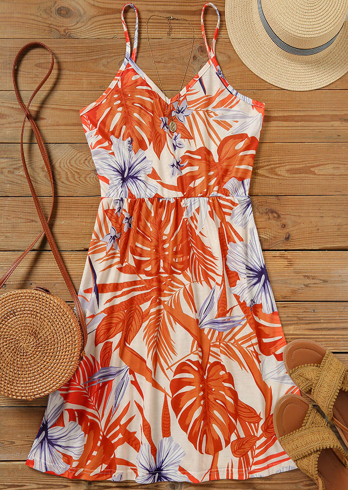 

Mini Dresses Leaf Spaghetti Strap V-Neck Mini Dress in Orange. Size