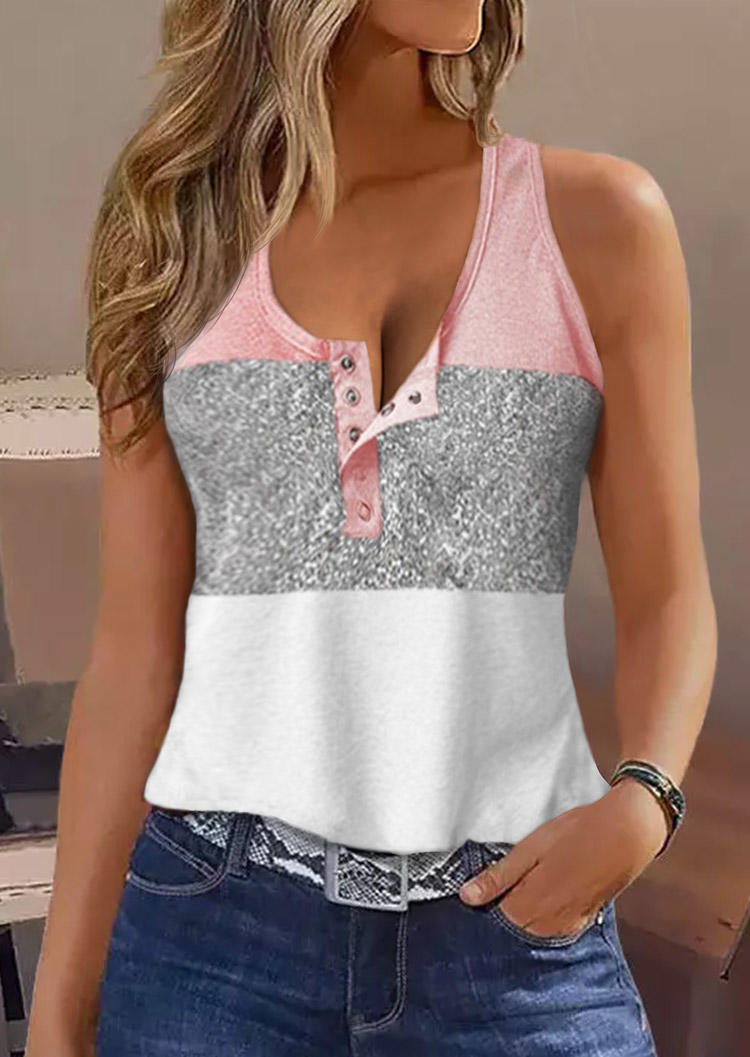 

Tank Tops Glitter Color Block Snap Button Casual Tank Top in Multicolor. Size
