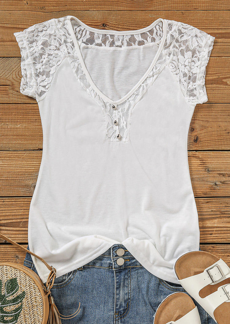 

Blouses Lace Splicing Button Short Sleeve Blouse in White. Size