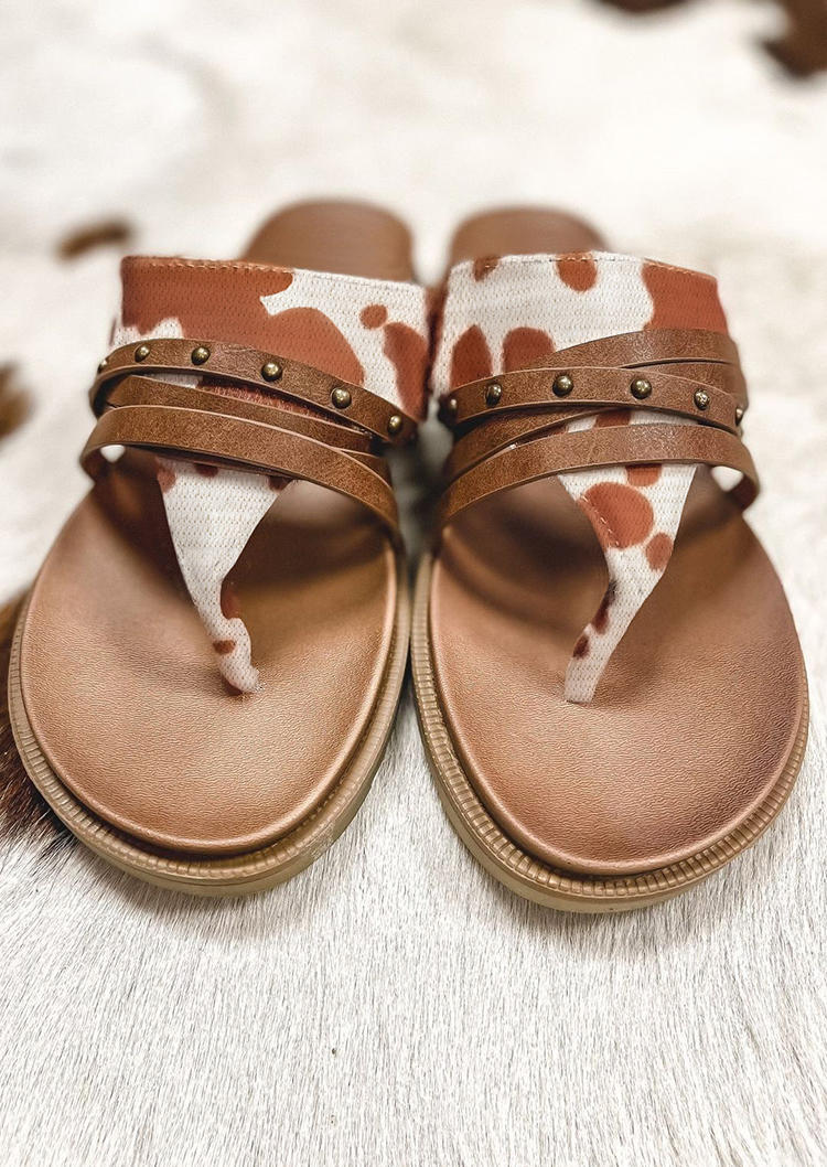 

Slippers Cow Rivet Flip Flops Flat Slippers in Brown. Size