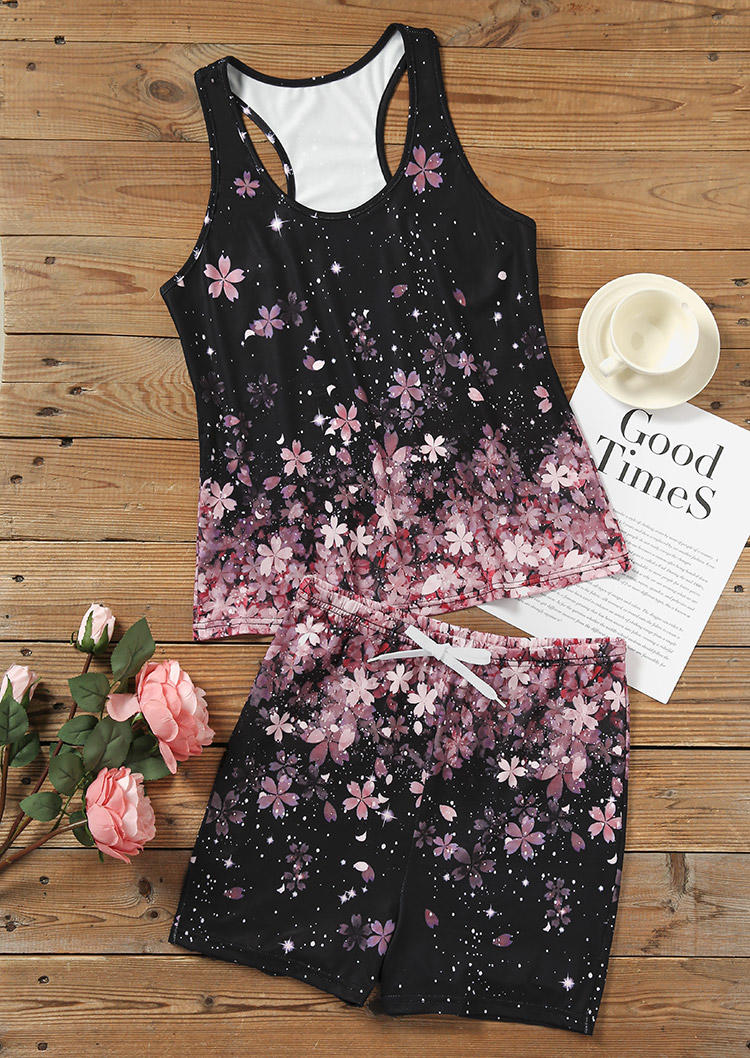Sleepwear Gradient Floral Racerback Tank And Shorts Pajamas Set in Multicolor. Size: L,M,S,XL