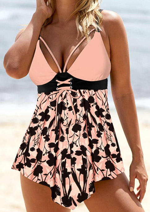 One-Pieces Swimsuit Floral Lace Up Hollow Out One-Piece Bathing Suit Swimwear in Pink. Size: S,M,L,XL