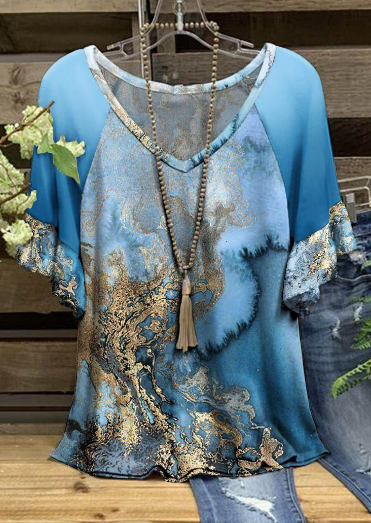 

T-shirts Tees Ocean V-Neck Raglan Sleeve Blouse in Blue. Size: ,M,L,XL